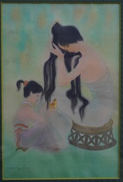 Mai Long (Vietnam, 1931): 'M&egrave;re et enfant' et 'La p&ecirc;che en rivi&egrave;re', encre et couleur sur soie